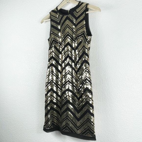 Vince Camuto Black Gold Sequin Dress Chevron Sleeveless Lined Fringe Hem Gatsby - Picture 6 of 12